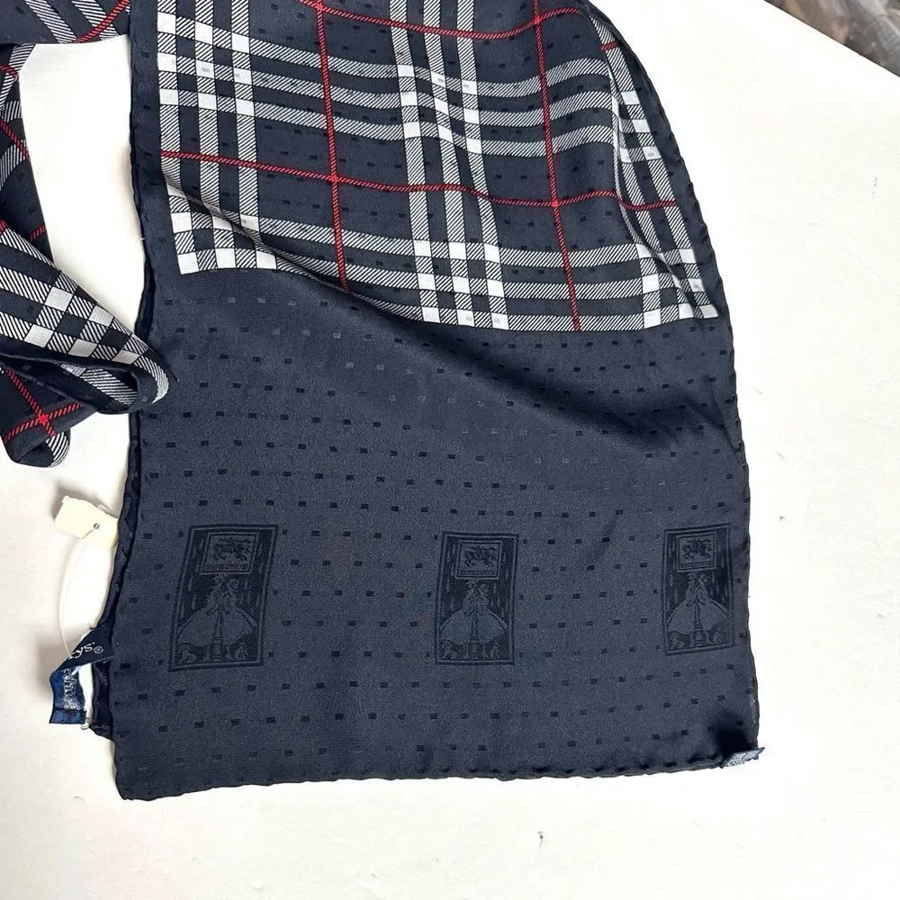 NWT Burberry Silk Oblong Scarf Navy Blue Nova Check Vintage Hand Rolled New